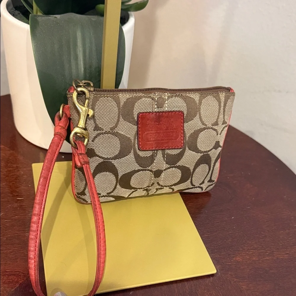 Coach Brown Red Wristlet orange bleeker signature style clutch coin purse